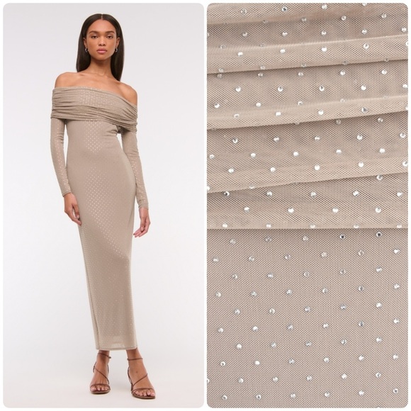 NWT Abercrombie & Fitch Taupe Off-The-Shoulder Rhinestone Mesh Maxi Dress XSP - Picture 16 of 16